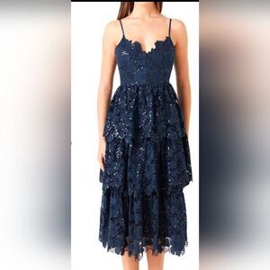 NWT Endless Rose Floral Lace Sequin Midi Navy Tiered Cocktail Prom Formal Dress